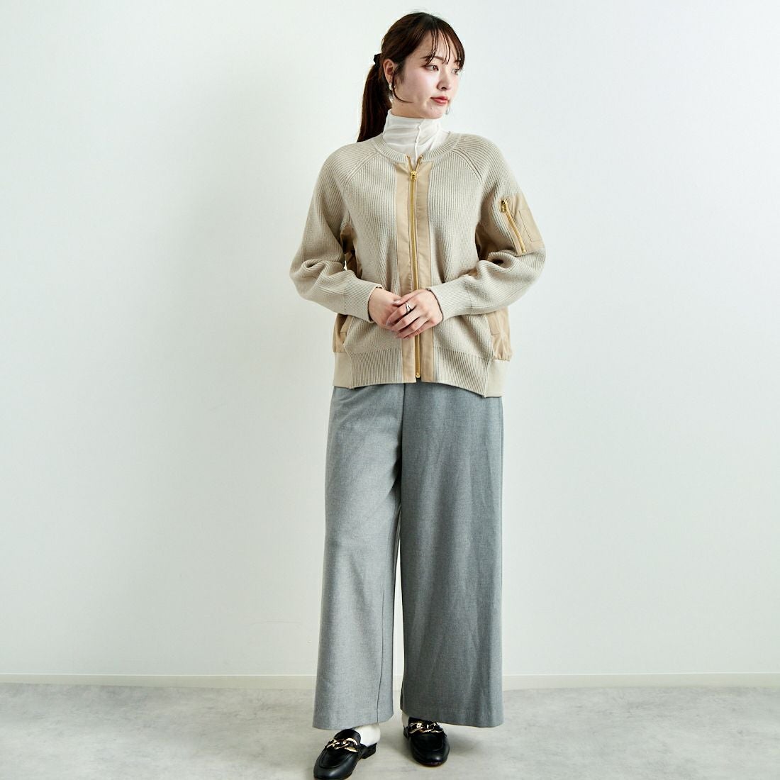 Jeans Factory Clothes [ジーンズファクトリークローズ] 2WAYストレッチウォームワイドパンツ [21243060] 001 Lｸﾞﾚｰ &&モデル身長：167cm 着用サイズ：F&&