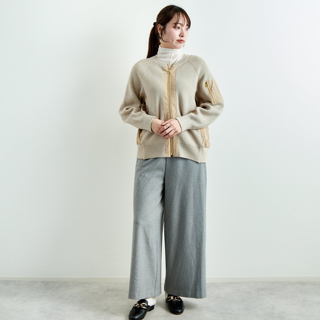 Jeans Factory Clothes [ジーンズファクトリークローズ] 2WAYストレッチウォームワイドパンツ [21243060] 001 Lｸﾞﾚｰ &&モデル身長：167cm 着用サイズ：F&&