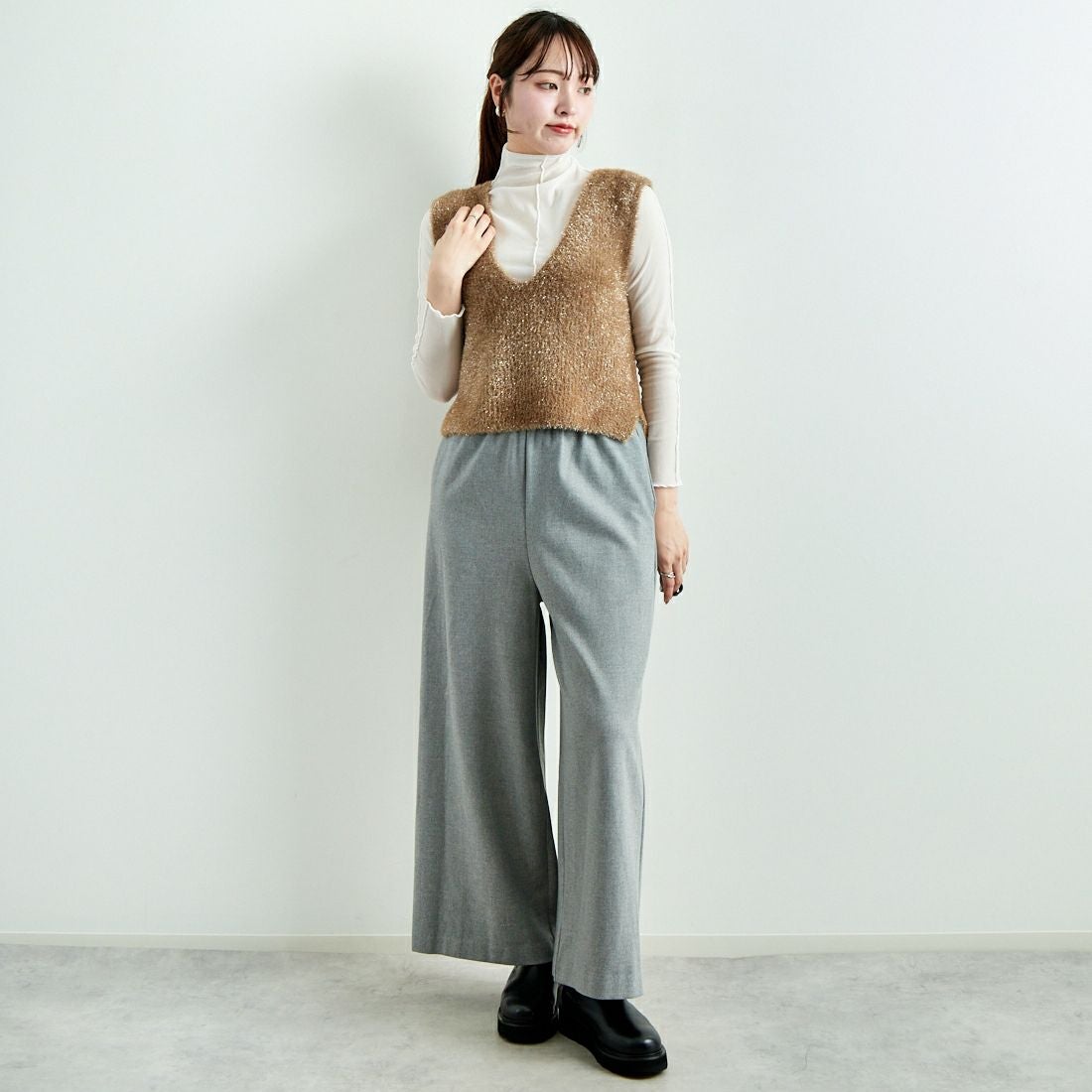 Jeans Factory Clothes [ジーンズファクトリークローズ] 2WAYストレッチウォームワイドパンツ [21243060] 001 Lｸﾞﾚｰ &&モデル身長：167cm 着用サイズ：F&&