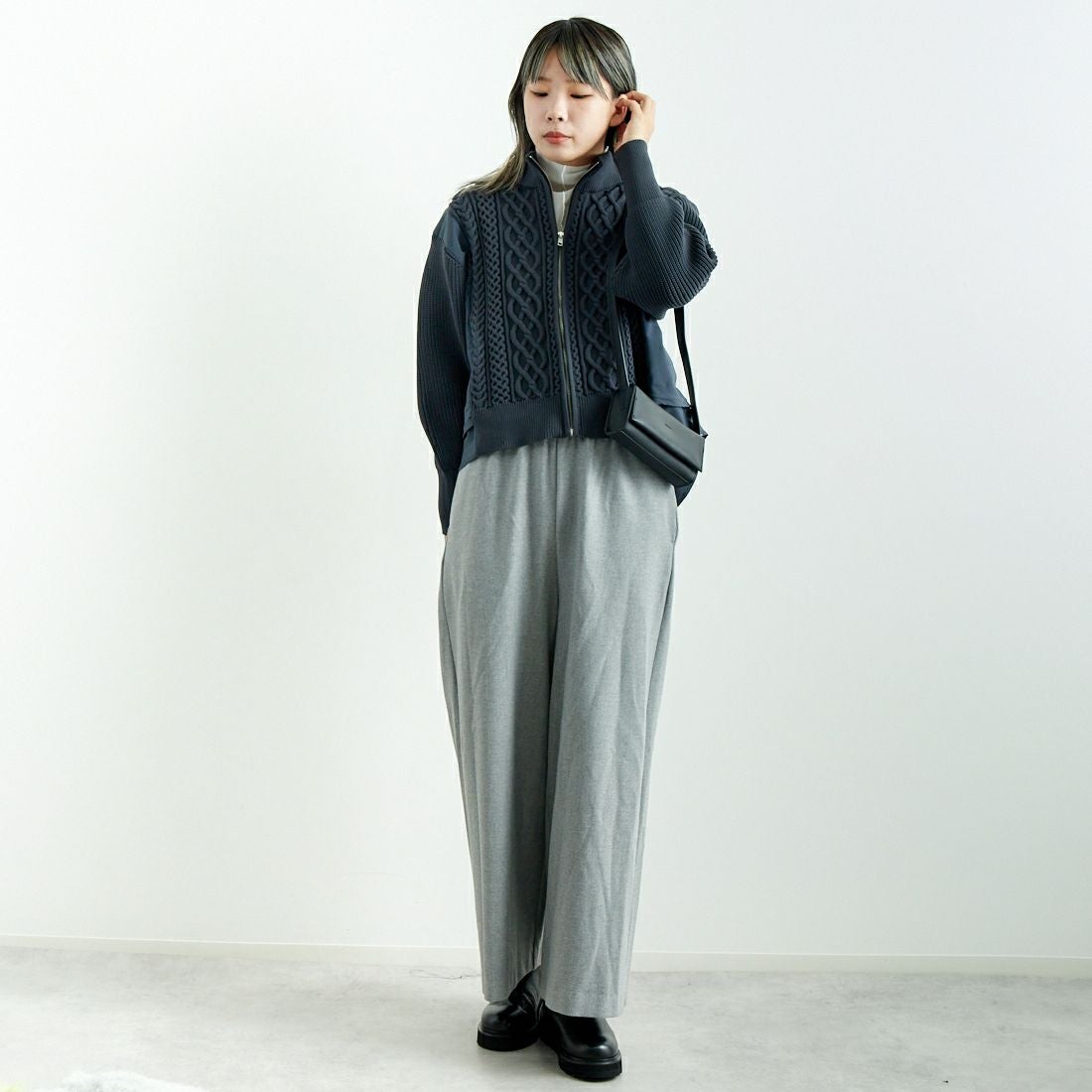 USINE [ユジーヌ] ケーブル布帛ドッキングブルゾン [11243819] ﾁｬｺｰﾙｸﾞﾚｰ &&モデル身長：167cm 着用サイズ：F&&