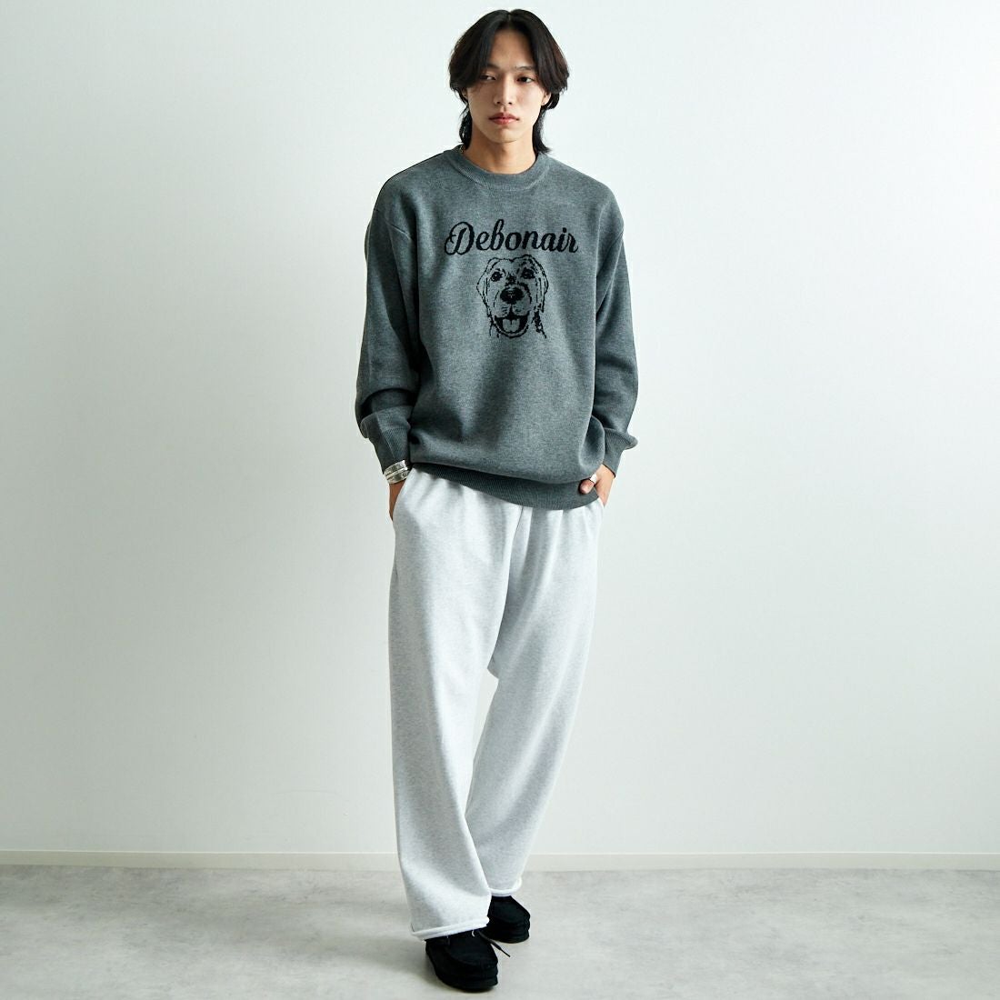 Jeans Factory Clothes [ジーンズファクトリークローズ] ダブルジャガードドックフェイスニット [JFC-244-068] GREY &&モデル身長：179cm 着用サイズ：L&&