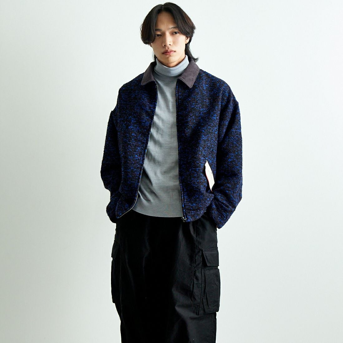 HELLO CALIF [ハローカリフ] リングヤーンショートワークジャケット [HC-244-073] 530 BLUE &&モデル身長：179cm 着用サイズ：L&&