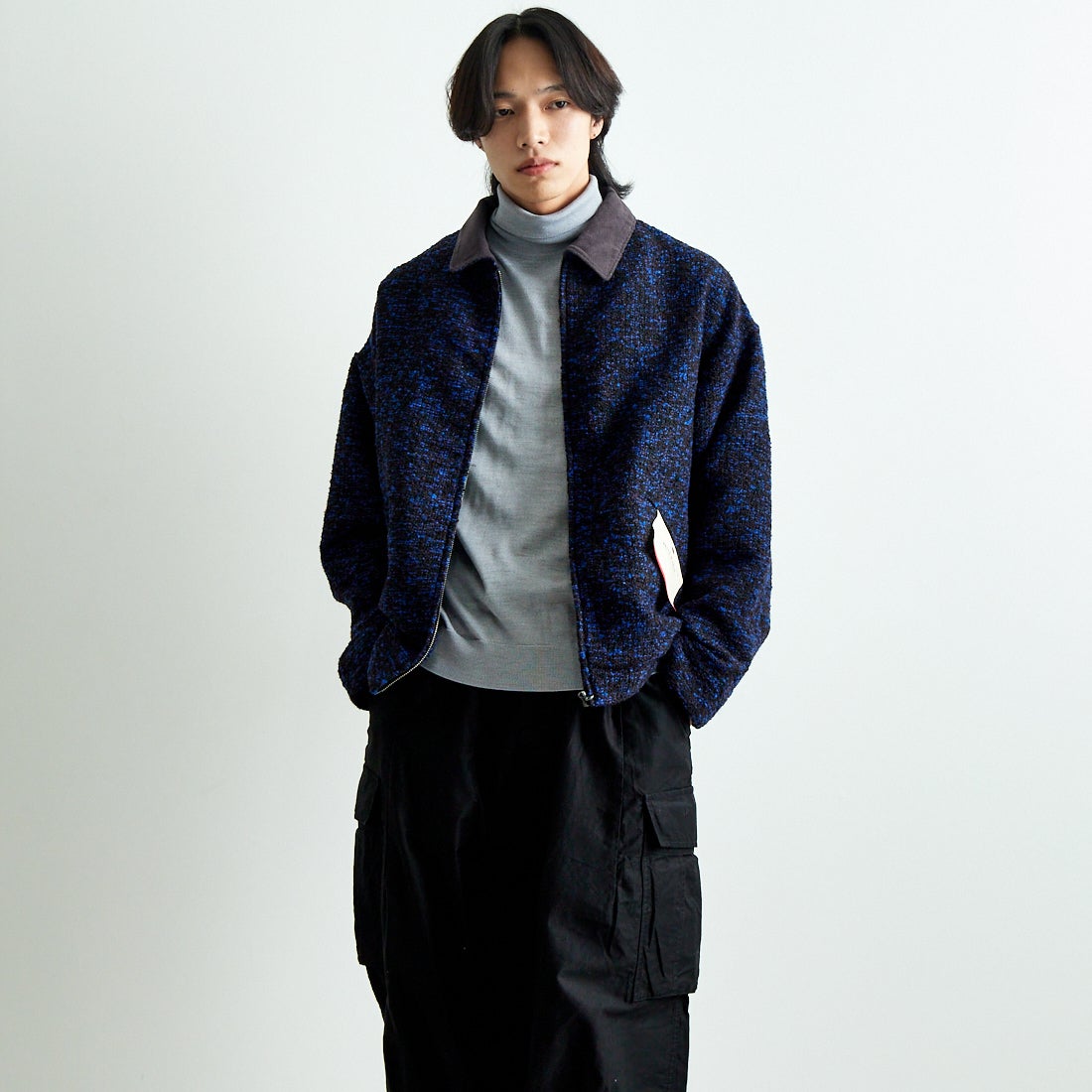 HELLO CALIF [ハローカリフ] リングヤーンショートワークジャケット [HC-244-073] 530 BLUE &&モデル身長：179cm 着用サイズ：L&&