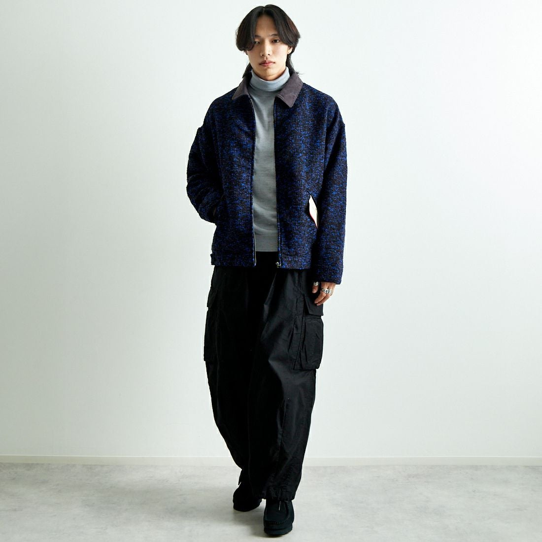 HELLO CALIF [ハローカリフ] リングヤーンショートワークジャケット [HC-244-073] 530 BLUE &&モデル身長：179cm 着用サイズ：L&&