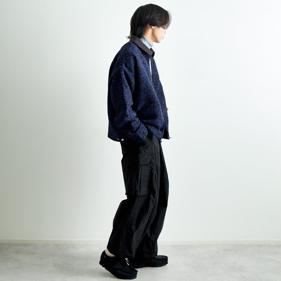 HELLO CALIF [ハローカリフ] リングヤーンショートワークジャケット [HC-244-073] 530 BLUE &&モデル身長：179cm 着用サイズ：L&&