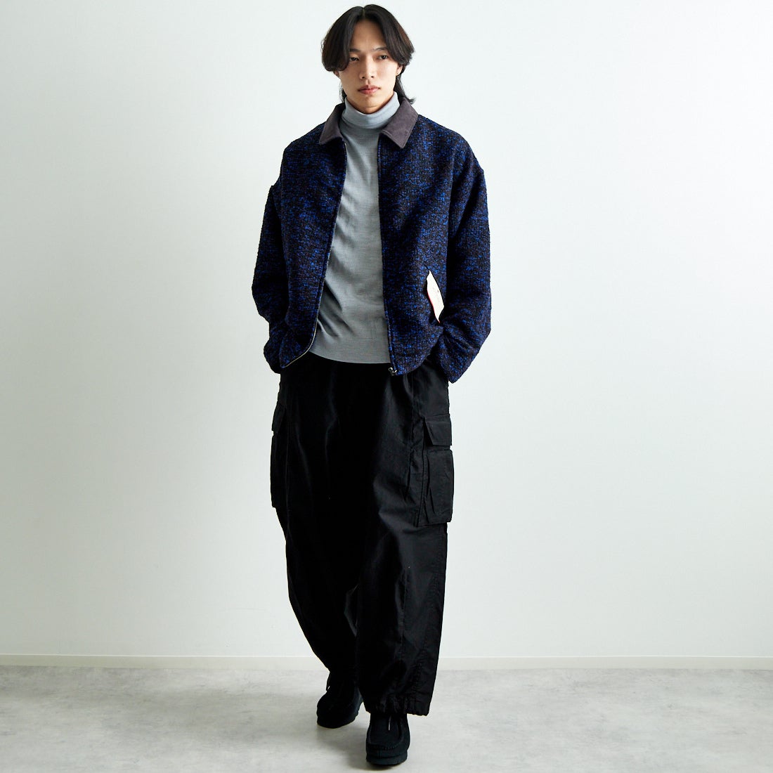 HELLO CALIF [ハローカリフ] リングヤーンショートワークジャケット [HC-244-073] 530 BLUE &&モデル身長：179cm 着用サイズ：L&&