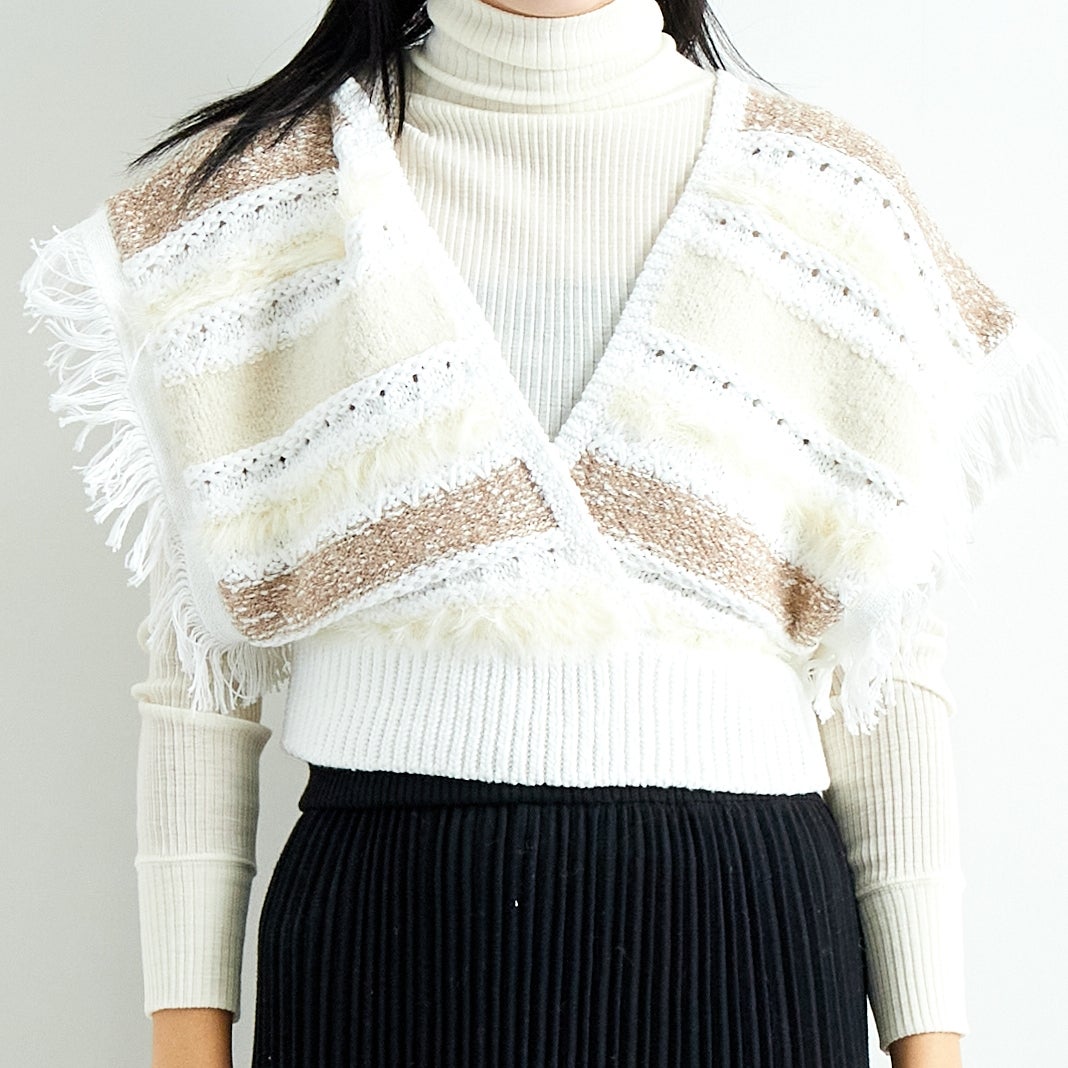 TORRAZZO DONNA [トラッゾドンナ] ファンシーヤーンランダムボーダーベスト [6257-410] 06 O.WHITE &&モデル身長：167cm 着用サイズ：F&&