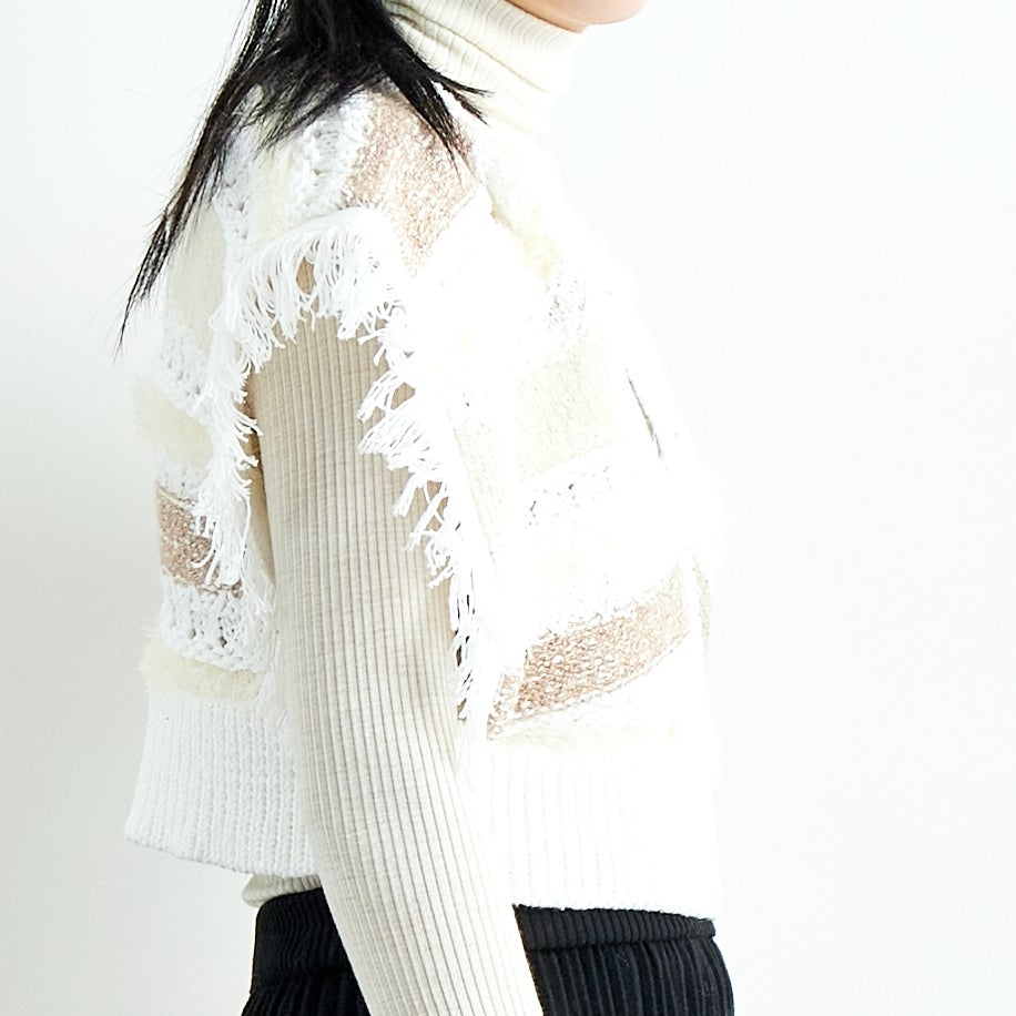 TORRAZZO DONNA [トラッゾドンナ] ファンシーヤーンランダムボーダーベスト [6257-410] 06 O.WHITE &&モデル身長：167cm 着用サイズ：F&&