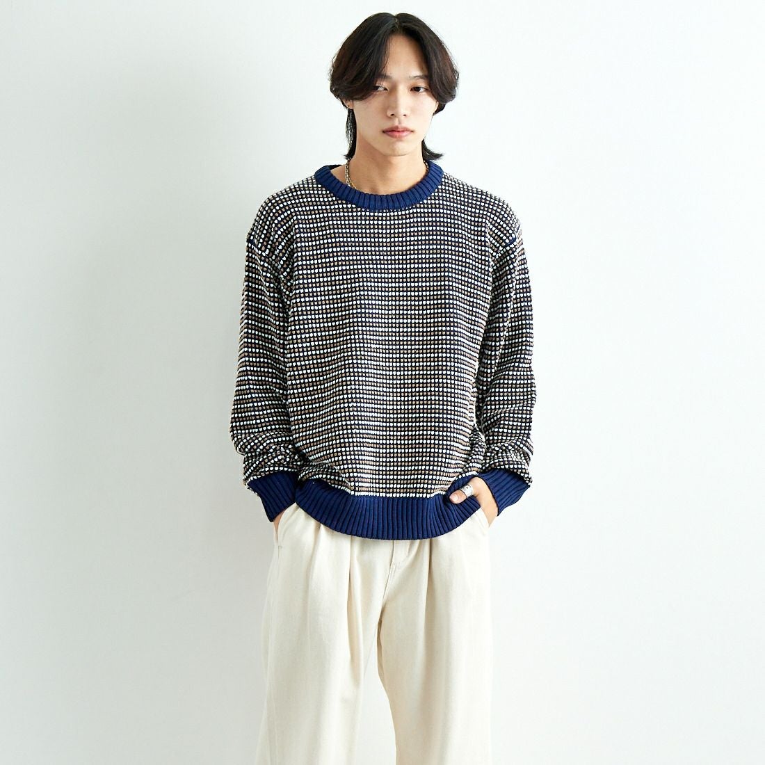 Noir Fabrik [ヌワールファブリック] ポップコーン編み クルーネックニット [NF-244-093] NVY &&モデル身長：179cm 着用サイズ：M&&
