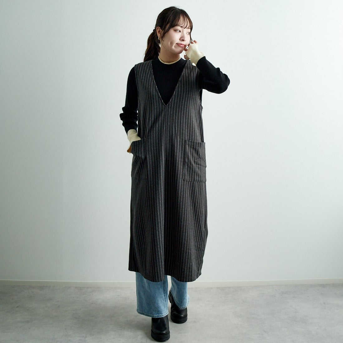 Jf Ready Made [ジェイエフレディメイド] Vネックワンピース [8544706-01] 14 ｸﾞﾚｰｽﾄﾗ &&モデル身長：167cm 着用サイズ：F&&