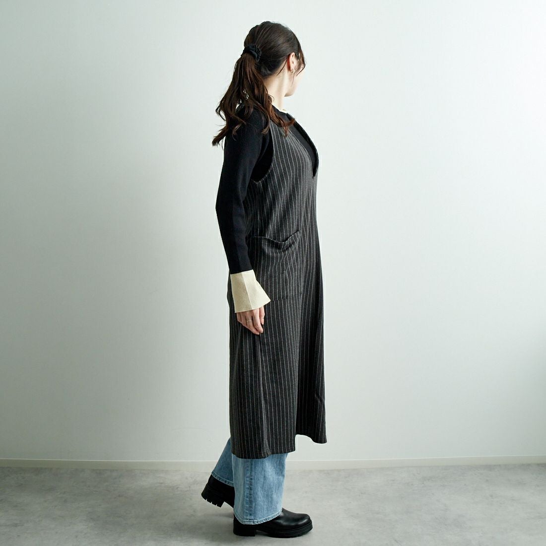 Jf Ready Made [ジェイエフレディメイド] Vネックワンピース [8544706-01] 14 ｸﾞﾚｰｽﾄﾗ &&モデル身長：167cm 着用サイズ：F&&