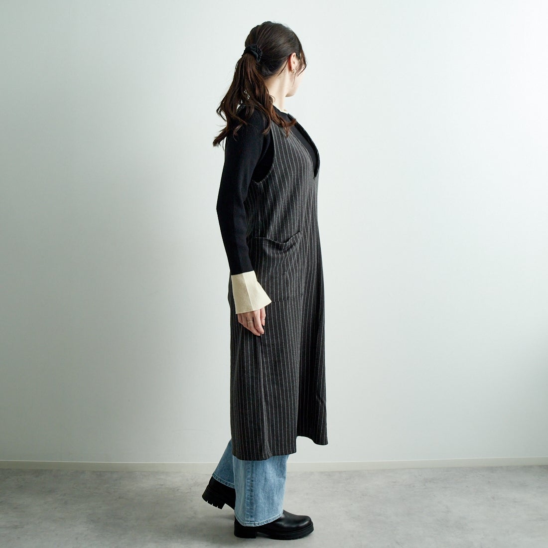 Jf Ready Made [ジェイエフレディメイド] Vネックワンピース [8544706-01] 14 ｸﾞﾚｰｽﾄﾗ &&モデル身長：167cm 着用サイズ：F&&