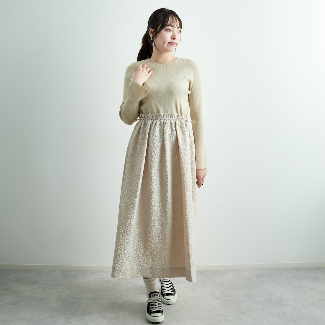 Jeans Factory Clothes [ジーンズファクトリークローズ] ニットエンボスドッキングワンピース [11243812] ｴｸﾘｭ &&モデル身長：167cm 着用サイズ：F&&