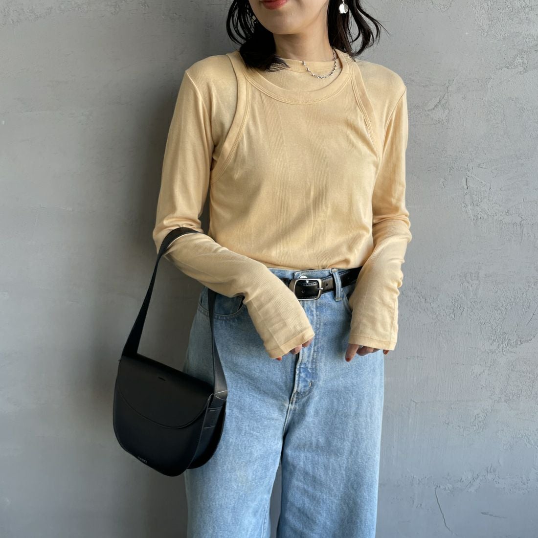 Robert P.Miller [ロバートピーミラー] 別注 2ピース タンクトップレイヤードシアーカットソー [RM251-1151IN-JF] APRICOT &&モデル身長：160cm 着用サイズ：F&&