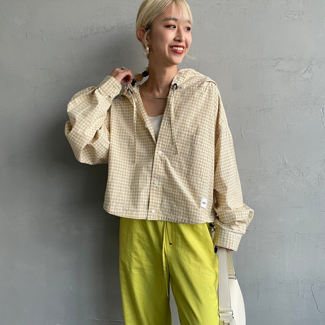 Americana × JEANS FACTORY [アメリカーナ × ジーンズファクトリー] 別注 フード付き チェックシャツアウター [ASO-L-779-2-JF] ｸﾞﾘｰﾝ &&モデル身長：150cm 着用サイズ：ONE SIZE&&