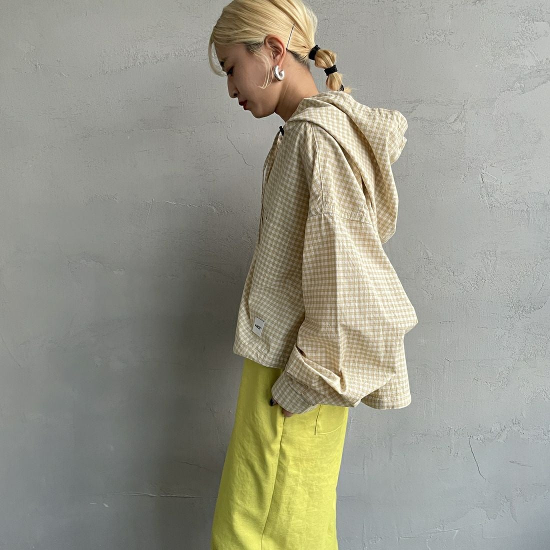 Americana × JEANS FACTORY [アメリカーナ × ジーンズファクトリー] 別注 フード付き チェックシャツアウター [ASO-L-779-2-JF] ｸﾞﾘｰﾝ &&モデル身長：150cm 着用サイズ：ONE SIZE&&