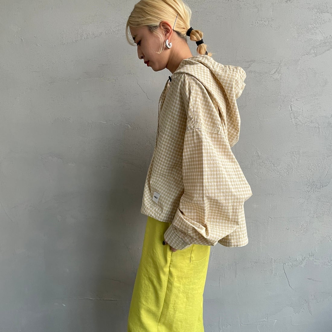 Americana × JEANS FACTORY [アメリカーナ × ジーンズファクトリー] 別注 フード付き チェックシャツアウター [ASO-L-779-2-JF] ｸﾞﾘｰﾝ &&モデル身長：150cm 着用サイズ：ONE SIZE&&