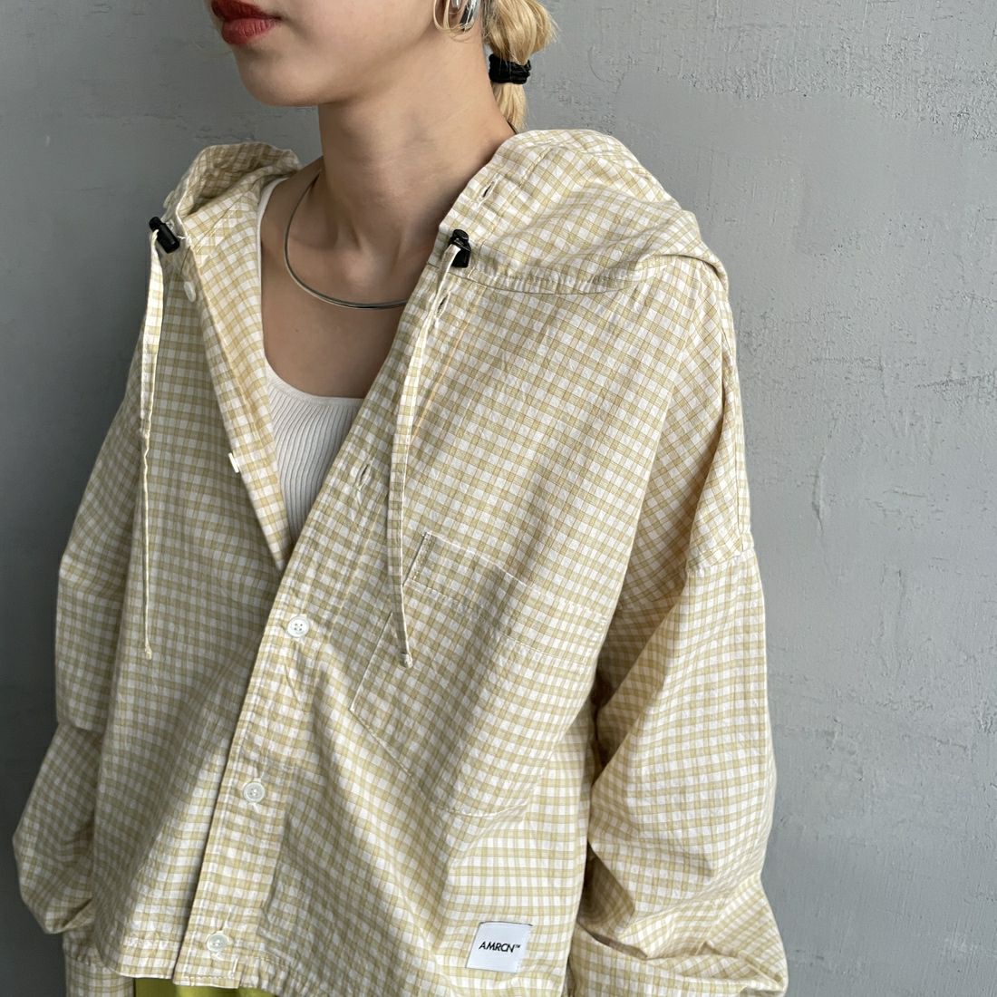 Americana × JEANS FACTORY [アメリカーナ × ジーンズファクトリー] 別注 フード付き チェックシャツアウター [ASO-L-779-2-JF] ｸﾞﾘｰﾝ &&モデル身長：150cm 着用サイズ：ONE SIZE&&