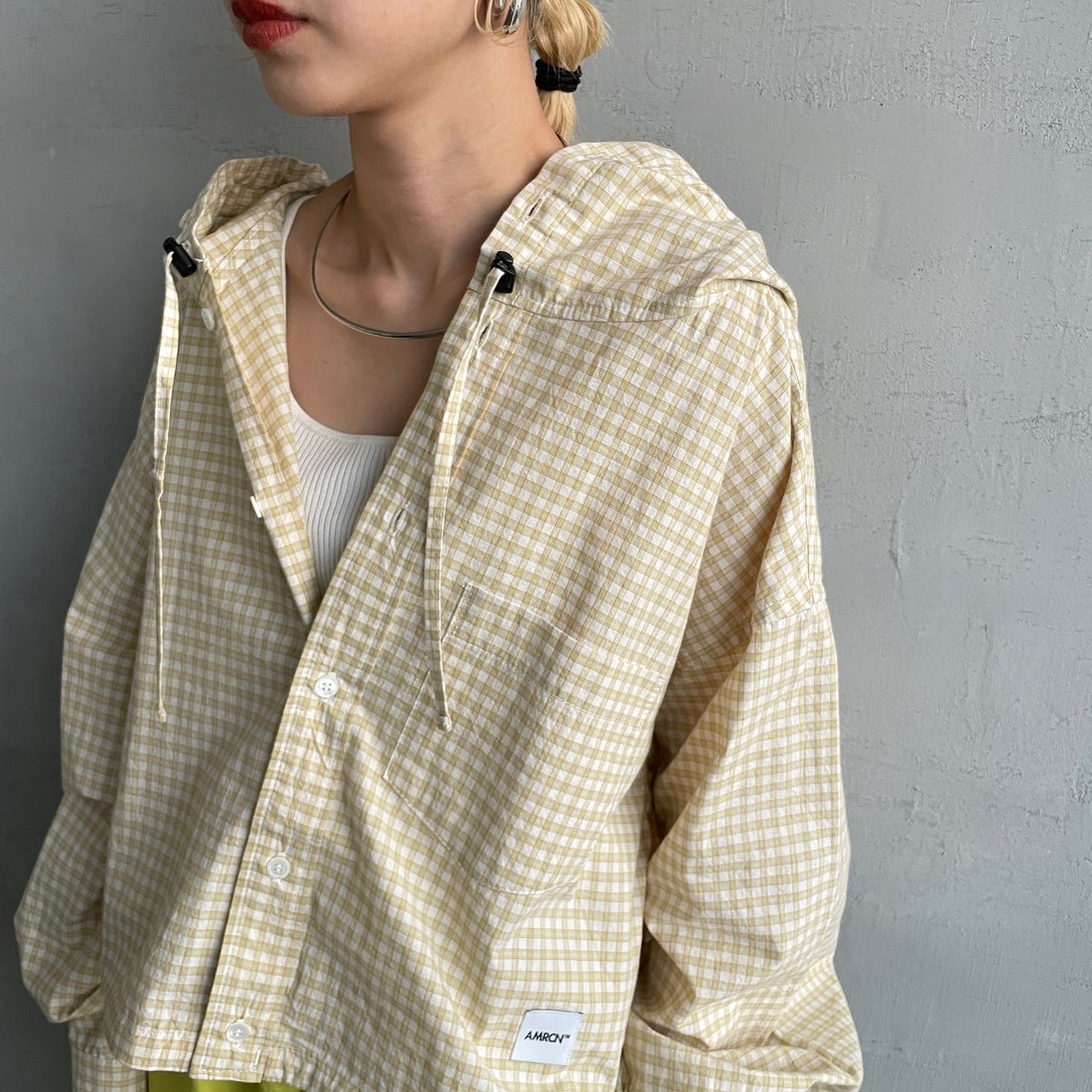 Americana × JEANS FACTORY [アメリカーナ × ジーンズファクトリー] 別注 フード付き チェックシャツアウター [ASO-L-779-2-JF] ｸﾞﾘｰﾝ &&モデル身長：150cm 着用サイズ：ONE SIZE&&