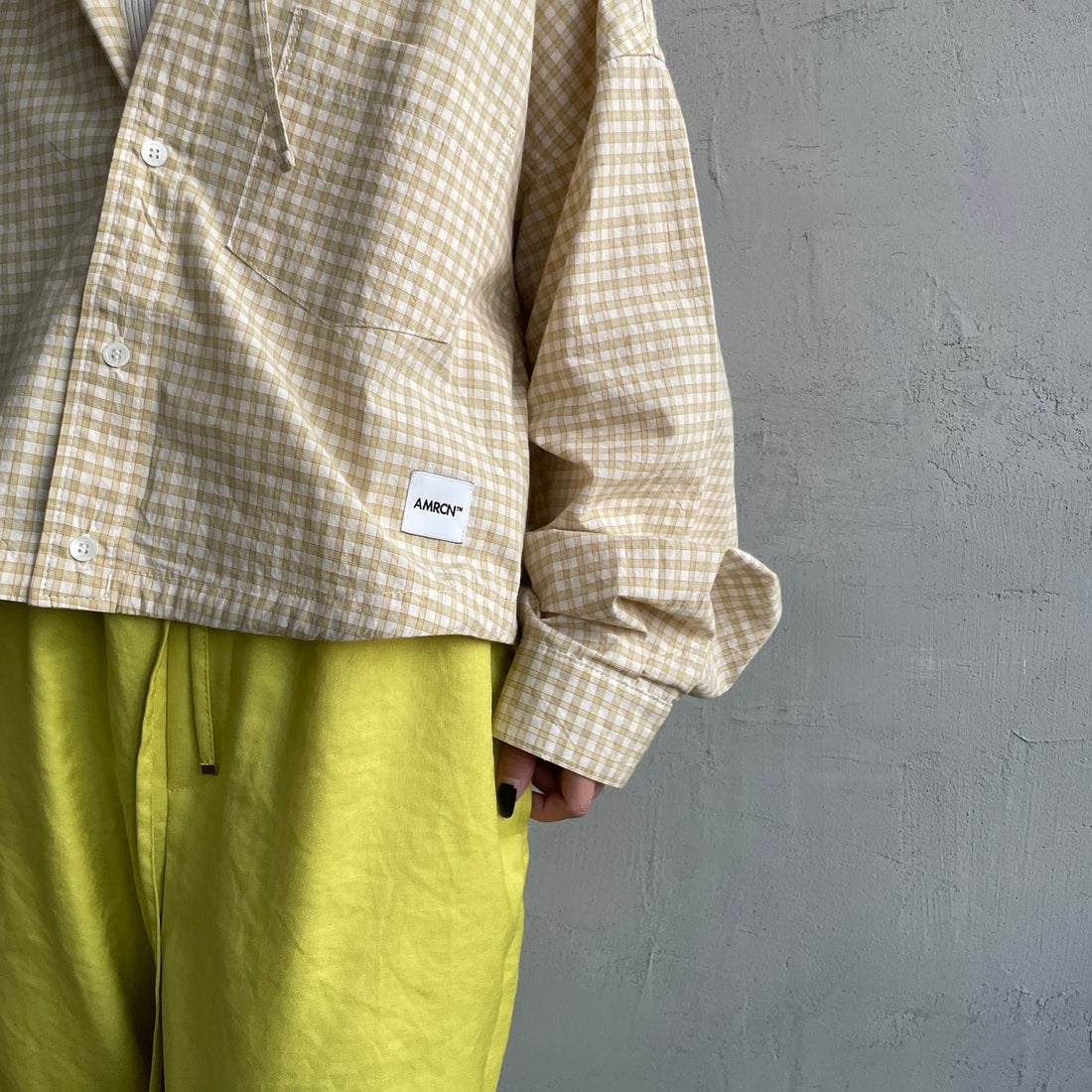 Americana × JEANS FACTORY [アメリカーナ × ジーンズファクトリー] 別注 フード付き チェックシャツアウター [ASO-L-779-2-JF] ｸﾞﾘｰﾝ &&モデル身長：150cm 着用サイズ：ONE SIZE&&