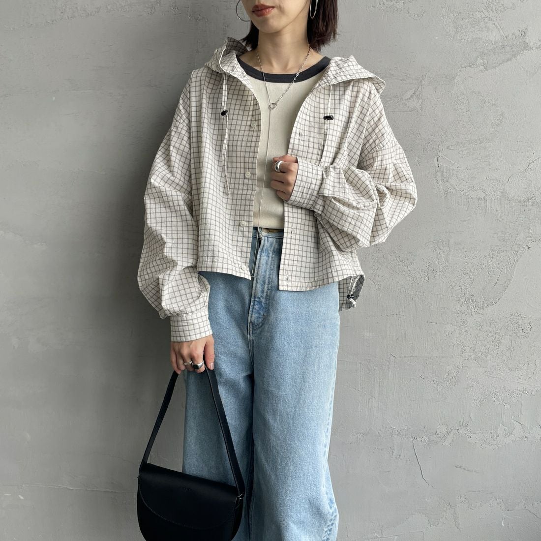 Americana × JEANS FACTORY [アメリカーナ × ジーンズファクトリー] 別注 フード付き チェックシャツアウター [ASO-L-779-2-JF] ｷﾅﾘ &&モデル身長：158cm 着用サイズ：ONE SIZE&&