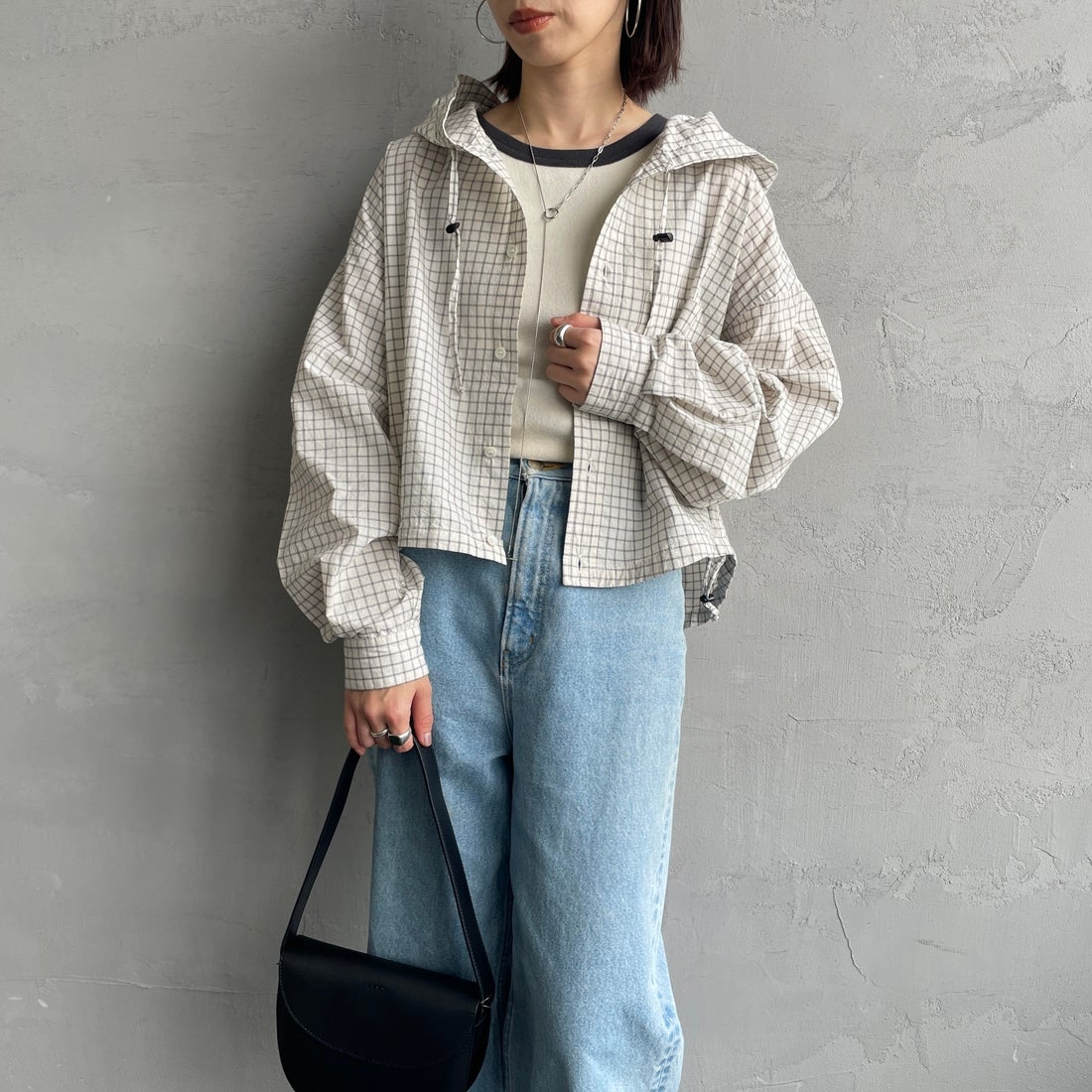 Americana × JEANS FACTORY [アメリカーナ × ジーンズファクトリー] 別注 フード付き チェックシャツアウター [ASO-L-779-2-JF] ｷﾅﾘ &&モデル身長：158cm 着用サイズ：ONE SIZE&&