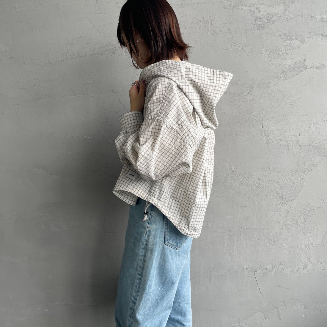 Americana × JEANS FACTORY [アメリカーナ × ジーンズファクトリー] 別注 フード付き チェックシャツアウター [ASO-L-779-2-JF] ｷﾅﾘ &&モデル身長：158cm 着用サイズ：ONE SIZE&&