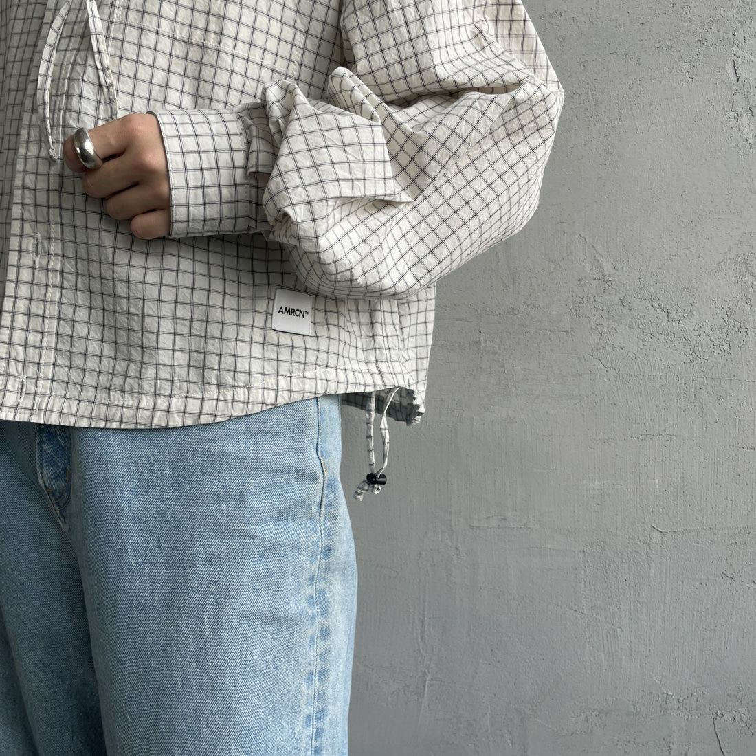 Americana × JEANS FACTORY [アメリカーナ × ジーンズファクトリー] 別注 フード付き チェックシャツアウター [ASO-L-779-2-JF] ｷﾅﾘ &&モデル身長：158cm 着用サイズ：ONE SIZE&&