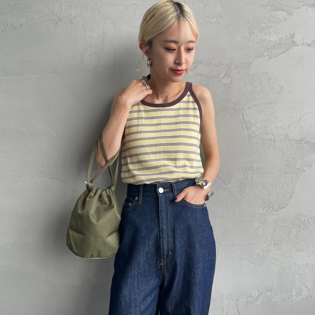 Robert P.Miller [ロバートピーミラー] 別注 配色 アメリカンスリーブパネルリブタンクトップ [RM251-2143IN-JF] BANANA &&モデル身長：150cm 着用サイズ：F&&