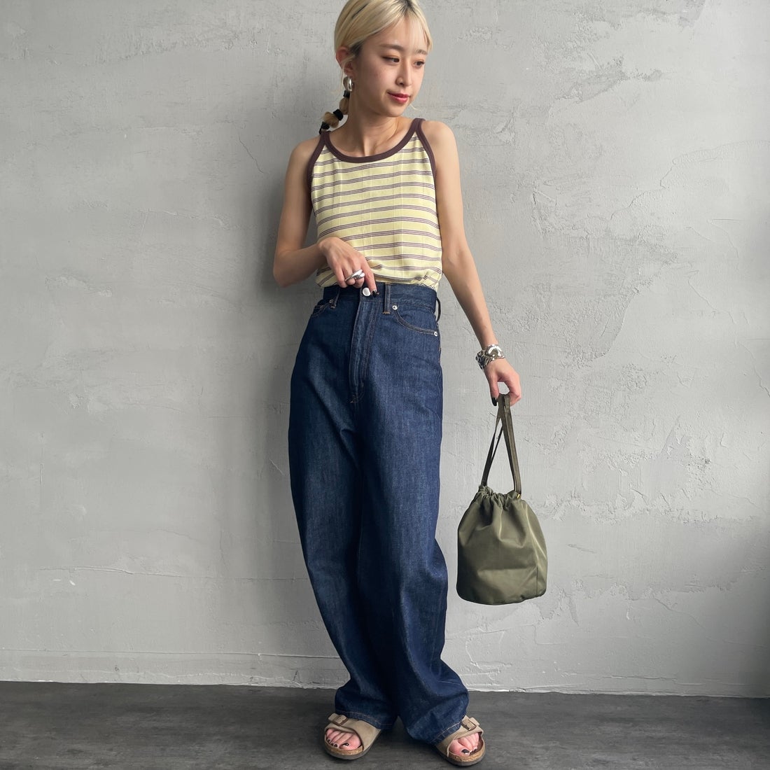 Robert P.Miller [ロバートピーミラー] 別注 配色 アメリカンスリーブパネルリブタンクトップ [RM251-2143IN-JF] BANANA &&モデル身長：150cm 着用サイズ：F&&