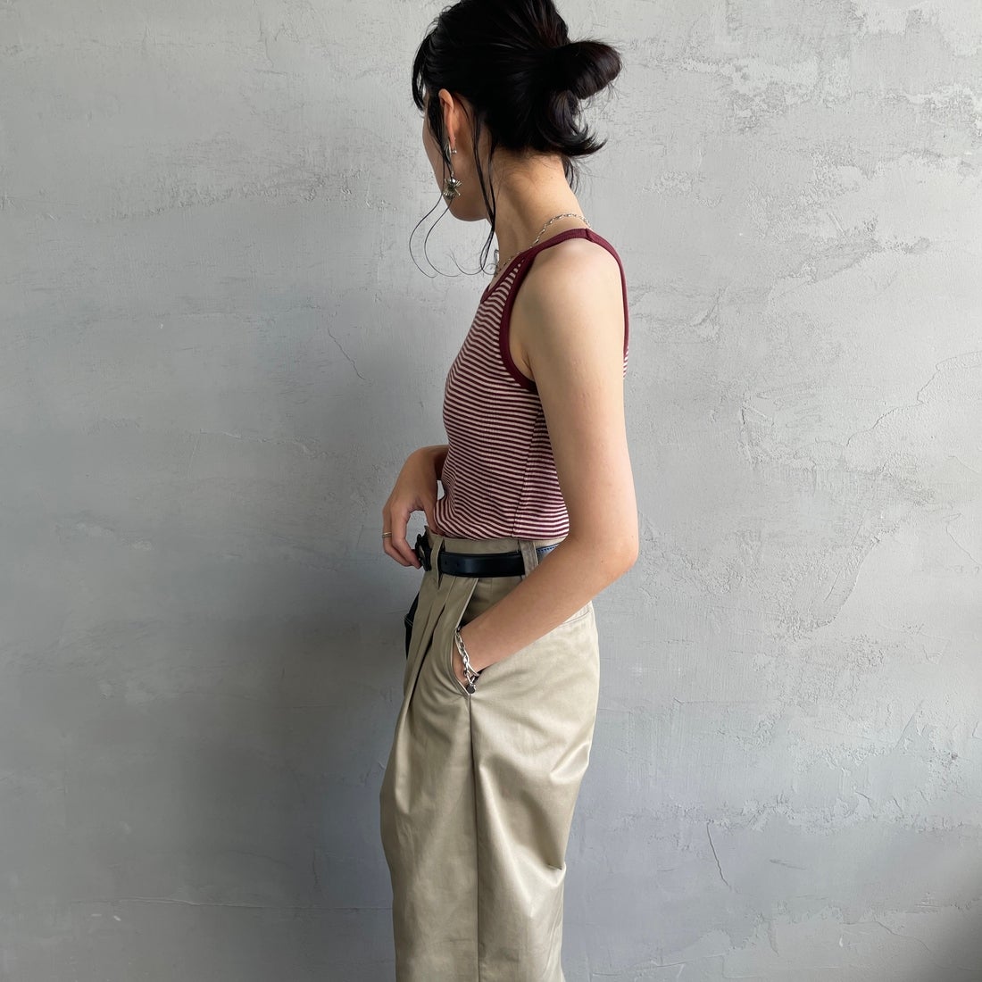 Robert P.Miller [ロバートピーミラー] 別注 配色 アメリカンスリーブパネルリブタンクトップ [RM251-2143IN-JF] CLAY &&モデル身長：160cm 着用サイズ：F&&