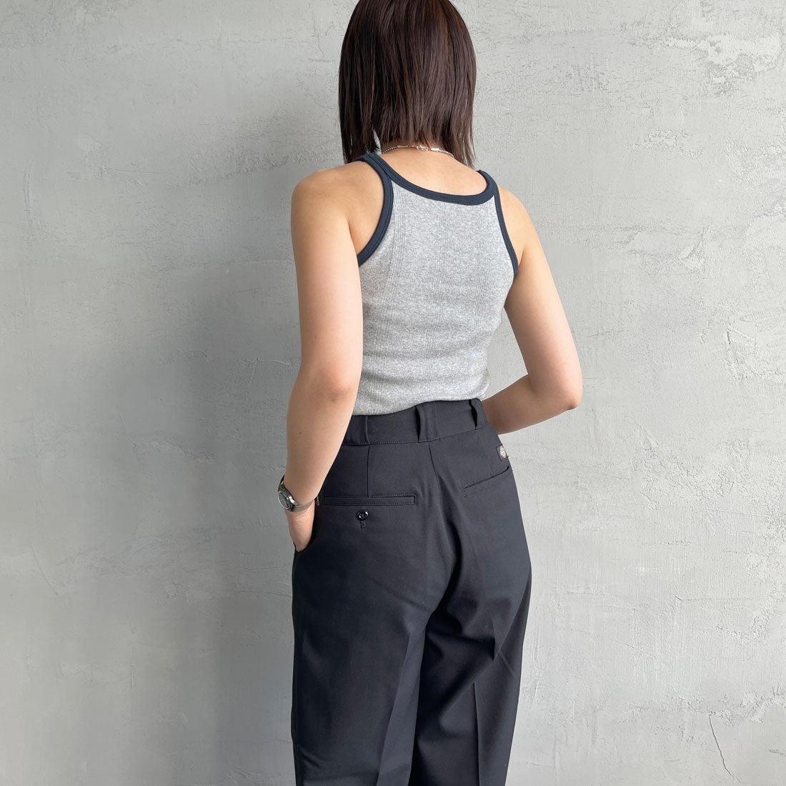 Robert P.Miller [ロバートピーミラー] 別注 配色 アメリカンスリーブパネルリブタンクトップ [RM251-2143IN-JF] H.GRAY &&モデル身長：159cm 着用サイズ：F&&