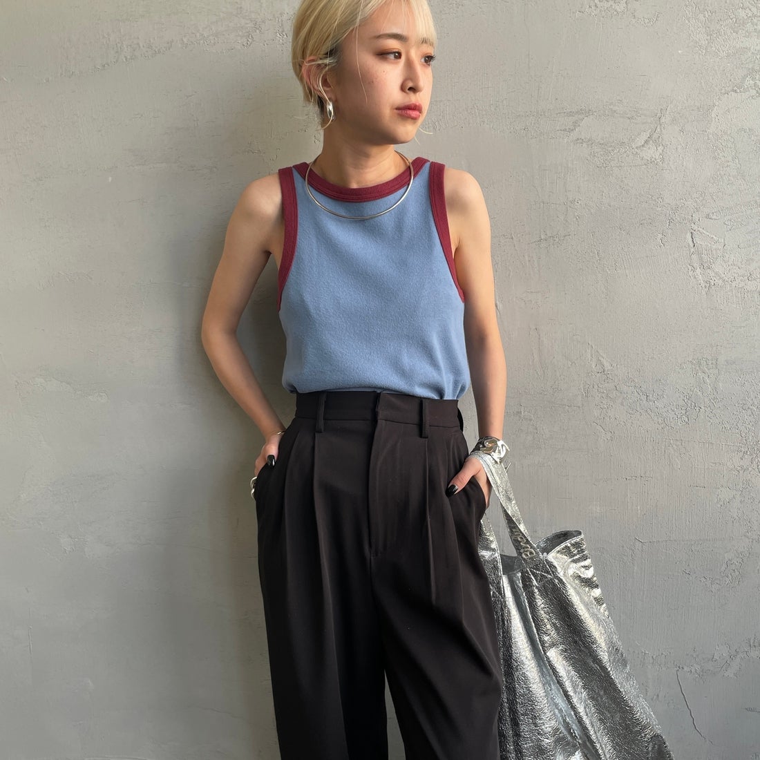 Noir Fabrik [ヌワールファブリック] コットンフライス アメリカンスリーブタンクトップ [IN-01-25SS] ｻｯｸｽ/ﾎﾞﾙﾄﾞ &&モデル身長：150cm 着用サイズ：1&&