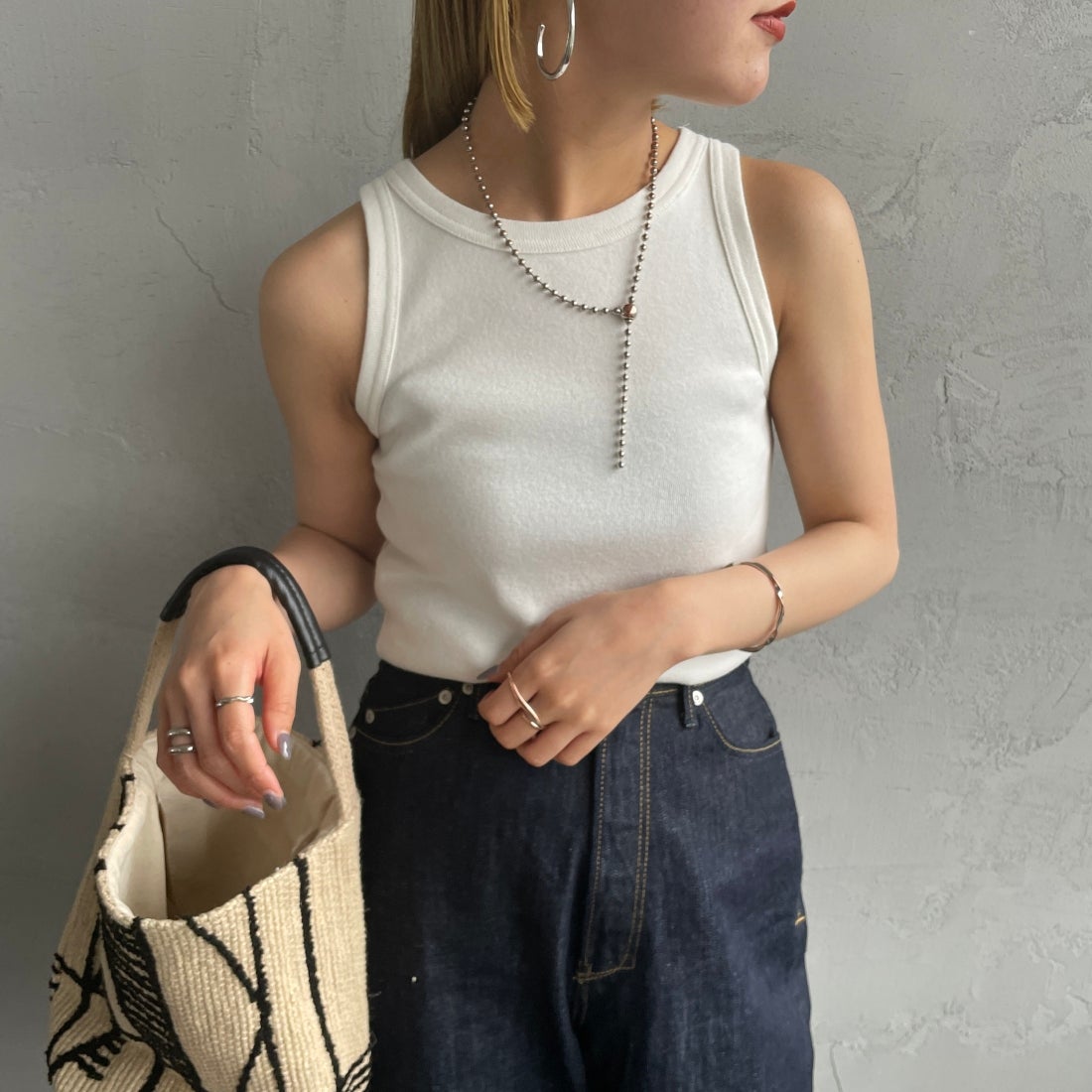 Noir Fabrik [ヌワールファブリック] コットンフライス アメリカンスリーブタンクトップ [IN-01-25SS] ｵﾌ &&モデル身長：156cm 着用サイズ：0&&