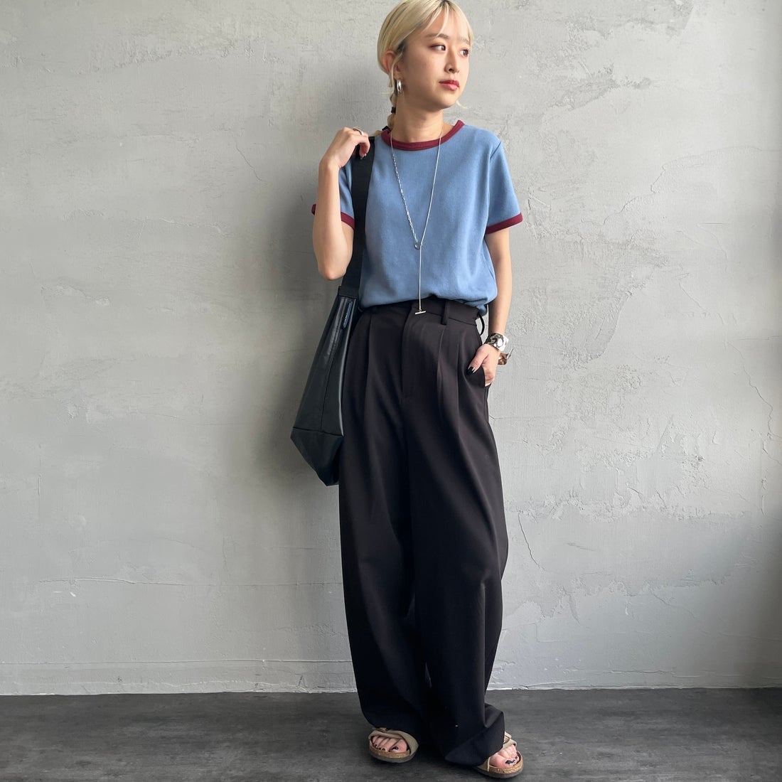 Noir Fabrik [ヌワールファブリック] コットンフライス クルーネックリンガーTシャツ [IN-02-25SS] ｻｯｸｽ/ﾎﾞﾙﾄﾞ &&モデル身長：150cm 着用サイズ：0&&