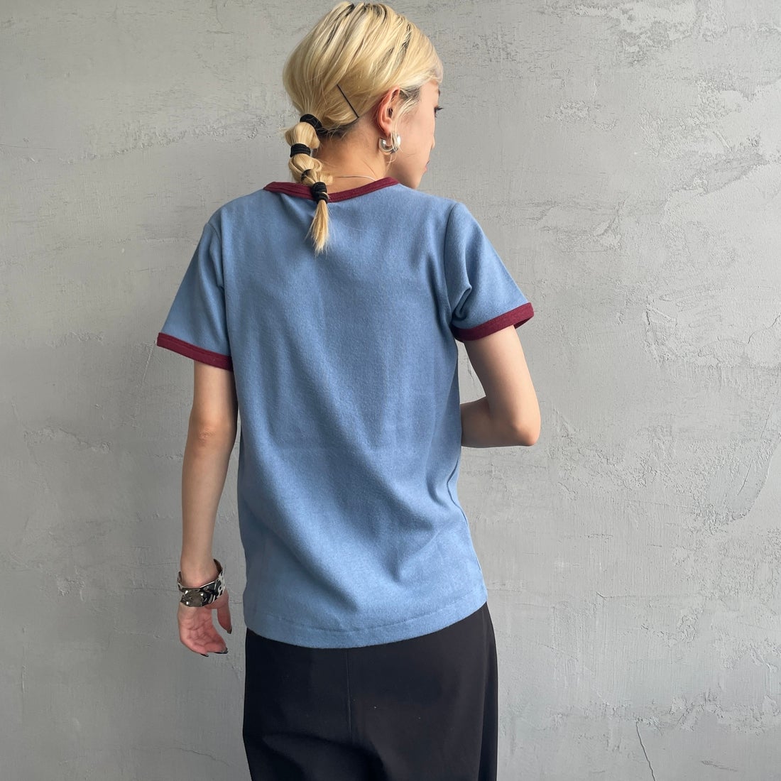 Noir Fabrik [ヌワールファブリック] コットンフライス クルーネックリンガーTシャツ [IN-02-25SS] ｻｯｸｽ/ﾎﾞﾙﾄﾞ &&モデル身長：150cm 着用サイズ：0&&