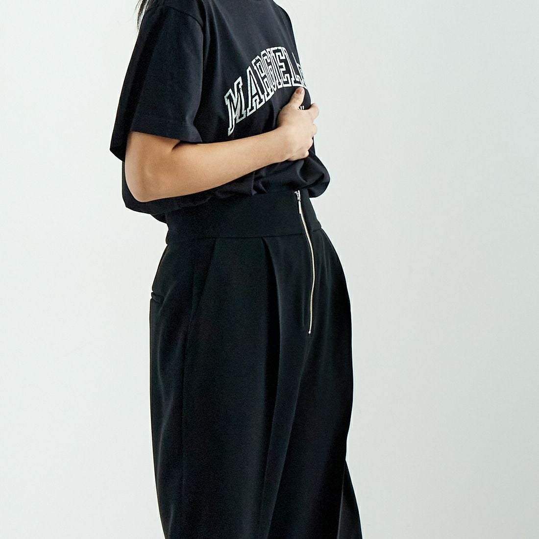 DONEEYU [ドニーユ] ダブルクロスストレッチサテン フロントジップワイドパンツ [U-2097] 040 ﾌﾞﾗｯｸ