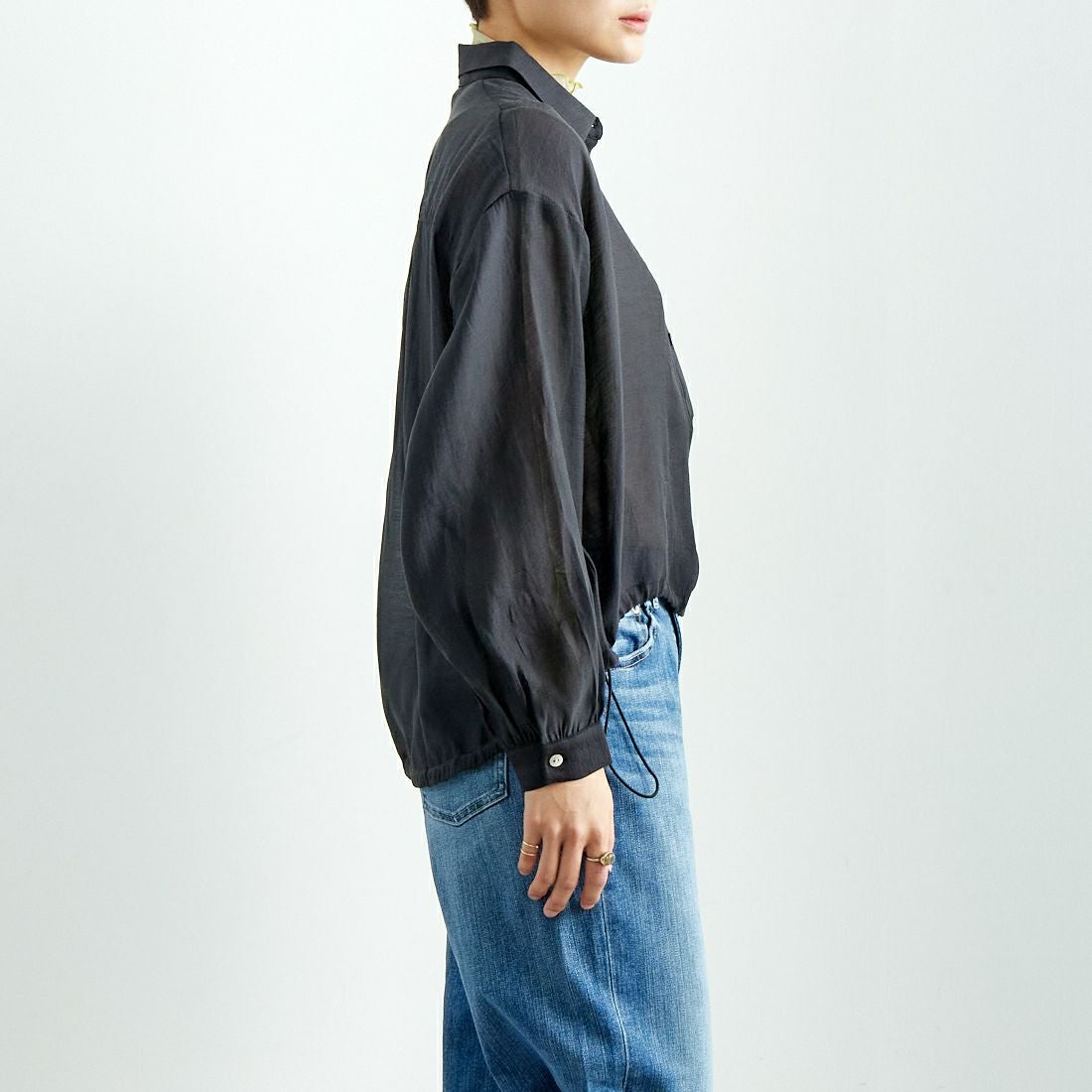 Jf Ready Made [ジェイエフレディメイド] ドロストシアーシャツ [3010303] 801 ﾌﾞﾗｯｸ &&モデル身長：160cm 着用サイズ：F&&