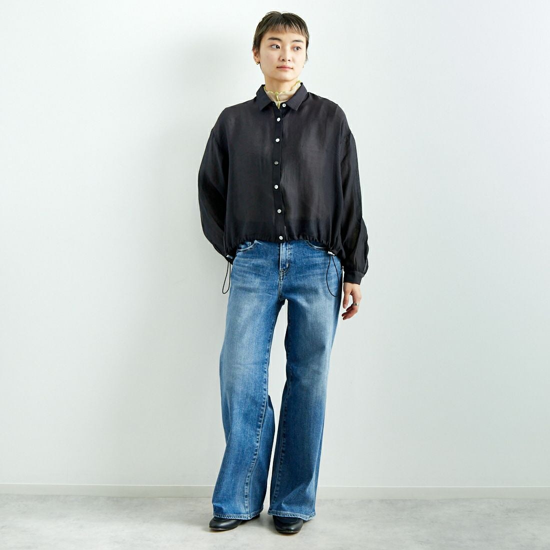 Jf Ready Made [ジェイエフレディメイド] ドロストシアーシャツ [3010303] 801 ﾌﾞﾗｯｸ &&モデル身長：160cm 着用サイズ：F&&