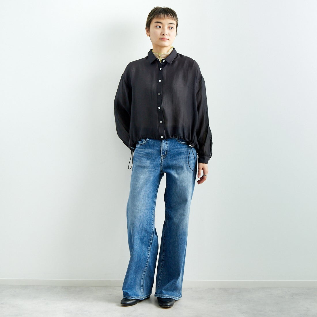 Jf Ready Made [ジェイエフレディメイド] ドロストシアーシャツ [3010303] 801 ﾌﾞﾗｯｸ &&モデル身長：160cm 着用サイズ：F&&
