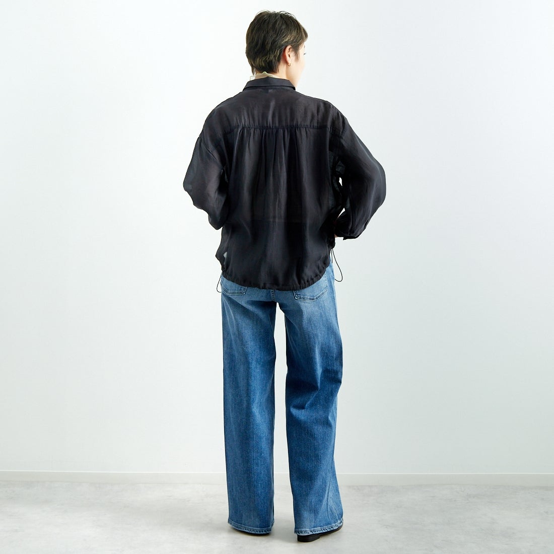 Jf Ready Made [ジェイエフレディメイド] ドロストシアーシャツ [3010303] 801 ﾌﾞﾗｯｸ &&モデル身長：160cm 着用サイズ：F&&