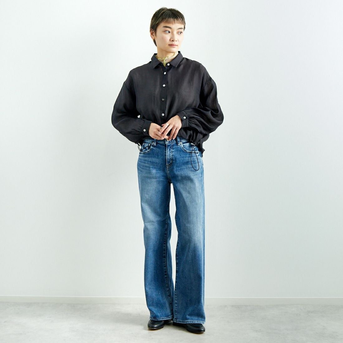 Jf Ready Made [ジェイエフレディメイド] ドロストシアーシャツ [3010303] 801 ﾌﾞﾗｯｸ &&モデル身長：160cm 着用サイズ：F&&