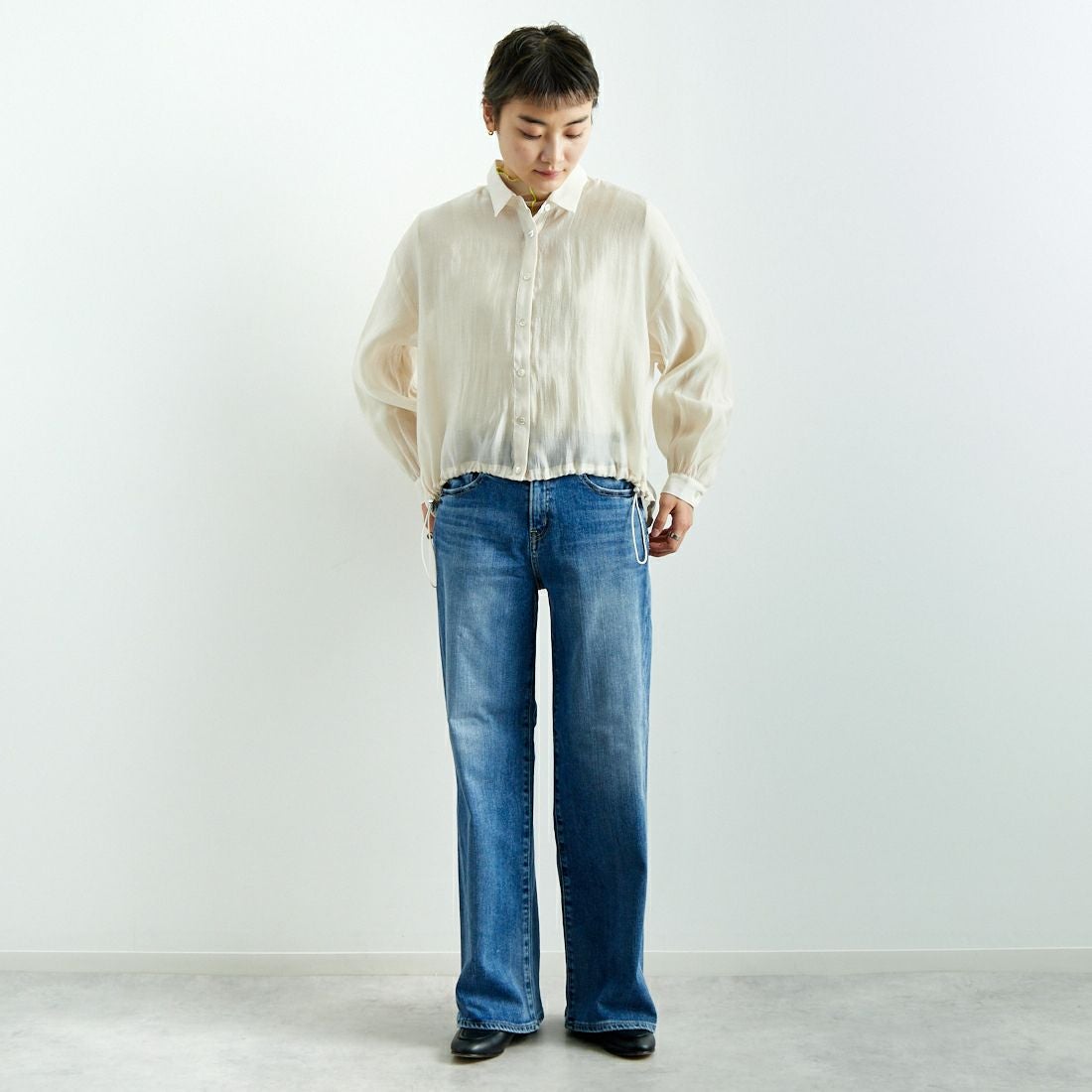 Jf Ready Made [ジェイエフレディメイド] ドロストシアーシャツ [3010303] 103 ｱｲﾎﾞﾘｰ &&モデル身長：160cm 着用サイズ：F&&