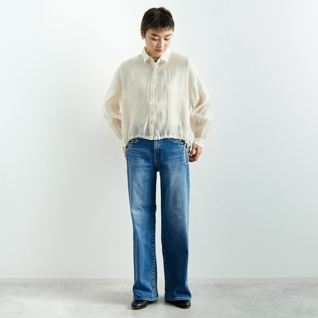 Jf Ready Made [ジェイエフレディメイド] ドロストシアーシャツ [3010303] 103 ｱｲﾎﾞﾘｰ &&モデル身長：160cm 着用サイズ：F&&