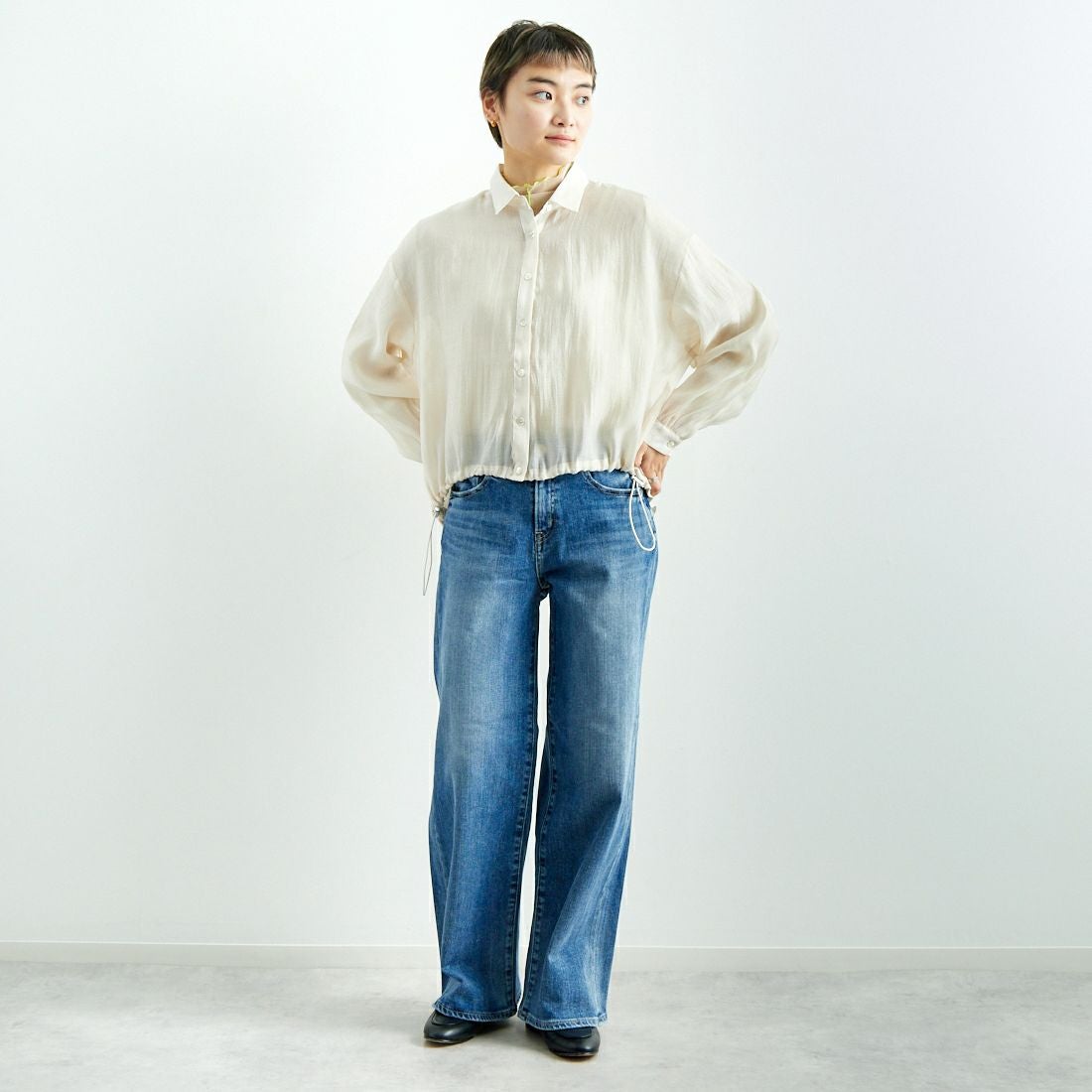 Jf Ready Made [ジェイエフレディメイド] ドロストシアーシャツ [3010303] 103 ｱｲﾎﾞﾘｰ &&モデル身長：160cm 着用サイズ：F&&