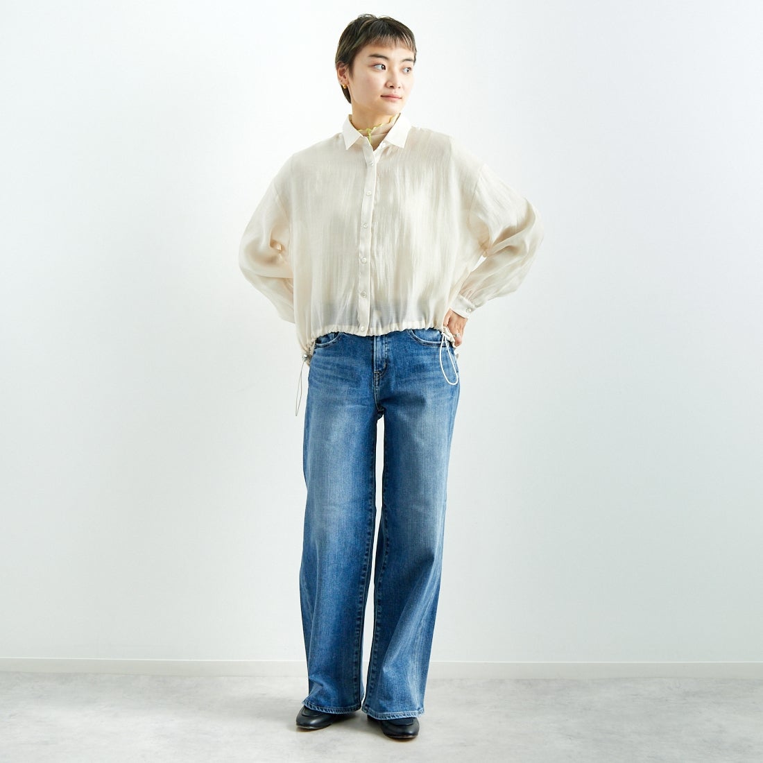 Jf Ready Made [ジェイエフレディメイド] ドロストシアーシャツ [3010303] 103 ｱｲﾎﾞﾘｰ &&モデル身長：160cm 着用サイズ：F&&