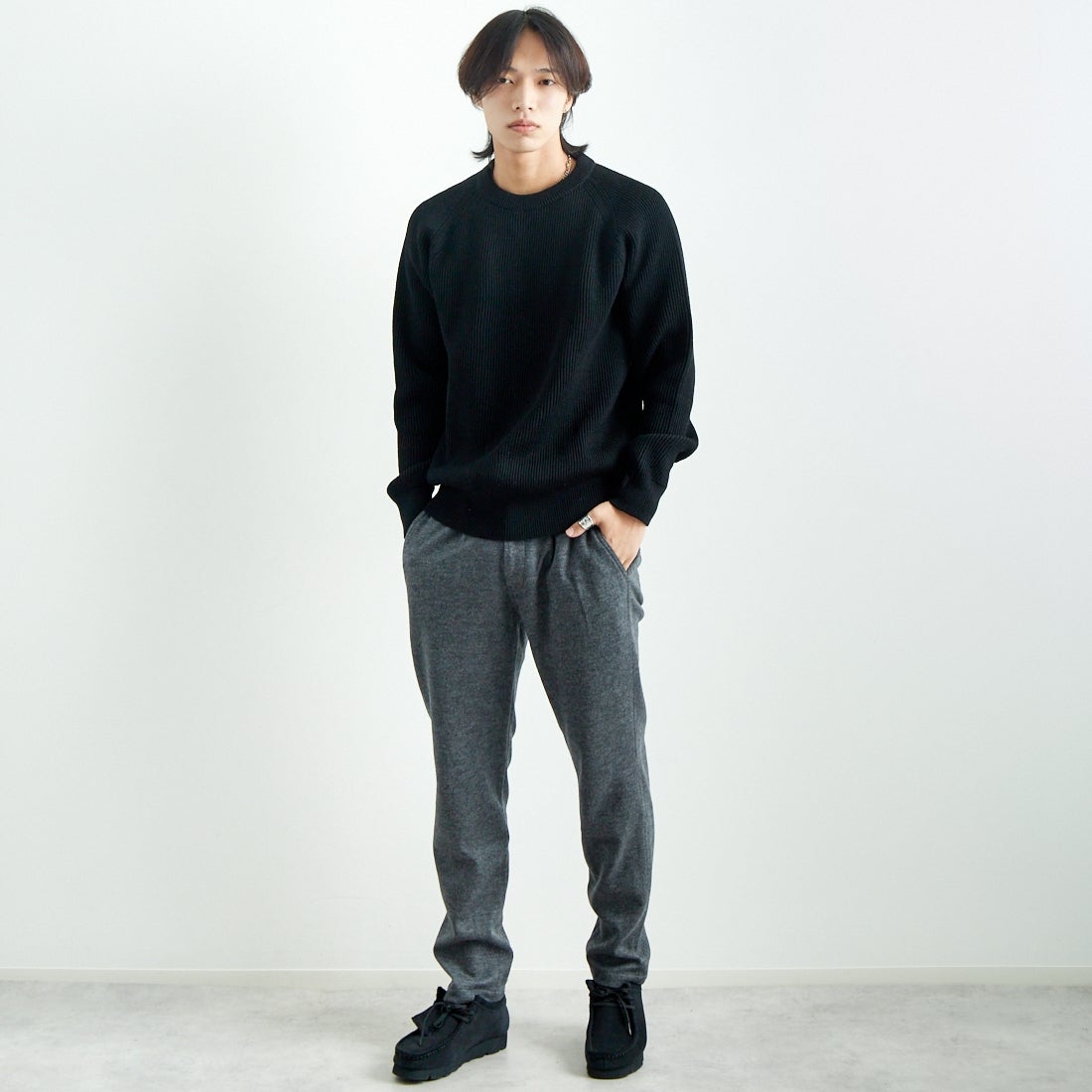 Jeans Factory Clothes [ジーンズファクトリークローズ] ウールジャージーイージートラウザー [JFC-244-059] 6S C.GRY &&モデル身長：179cm 着用サイズ：L&&