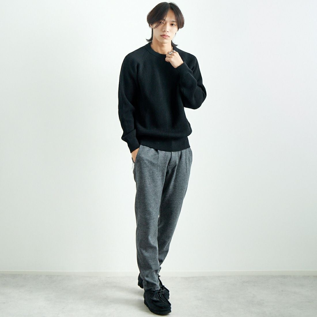 Jeans Factory Clothes [ジーンズファクトリークローズ] ウールジャージーイージートラウザー [JFC-244-059] 6S C.GRY &&モデル身長：179cm 着用サイズ：L&&