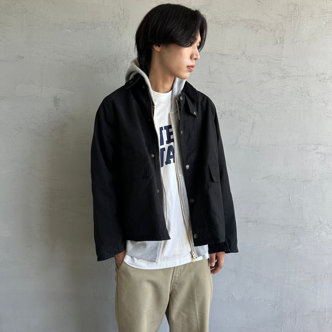 Barbour [バブアー] 別注 BORROWDALE ボロウデイルジャケット [MCAS148-JF] BLACK &&モデル身長：179cm 着用サイズ：38&&