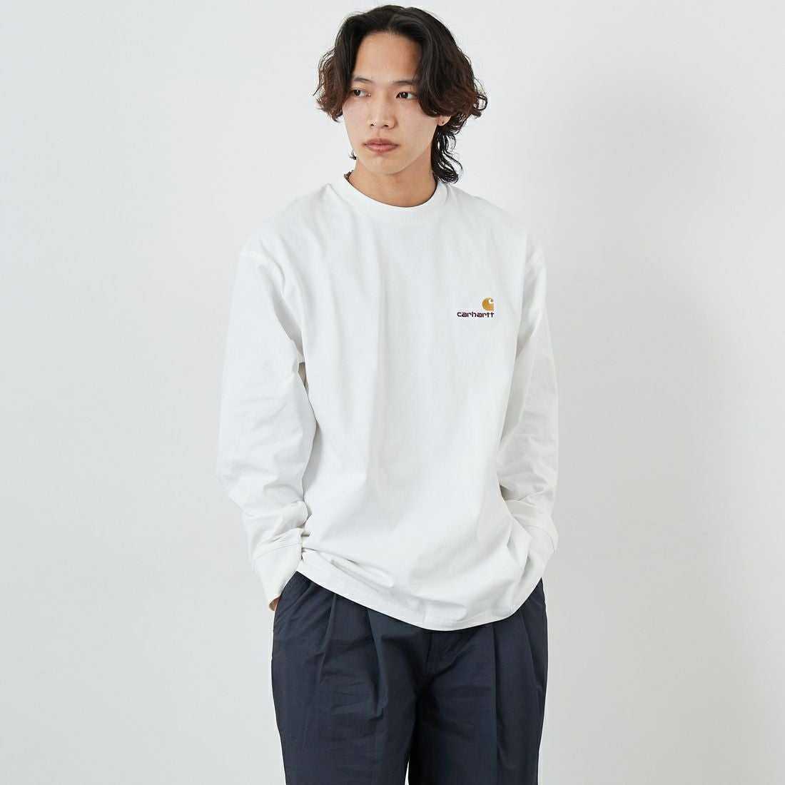 carhartt WIP [カーハートダブリューアイピー] ロングスリーブアメリカンスクリプトTシャツ [I029955] ASH HEATHE &&モデル身長：179cm 着用サイズ：L&&